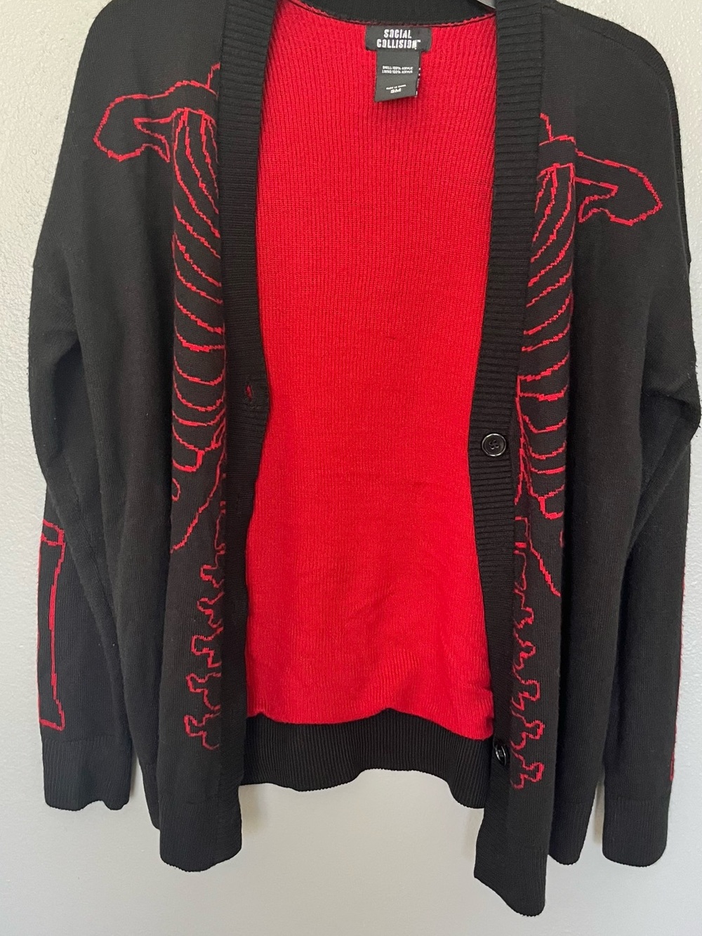 Social collision Men’s Black Cardigan with Red Interior and Skeleton Detail